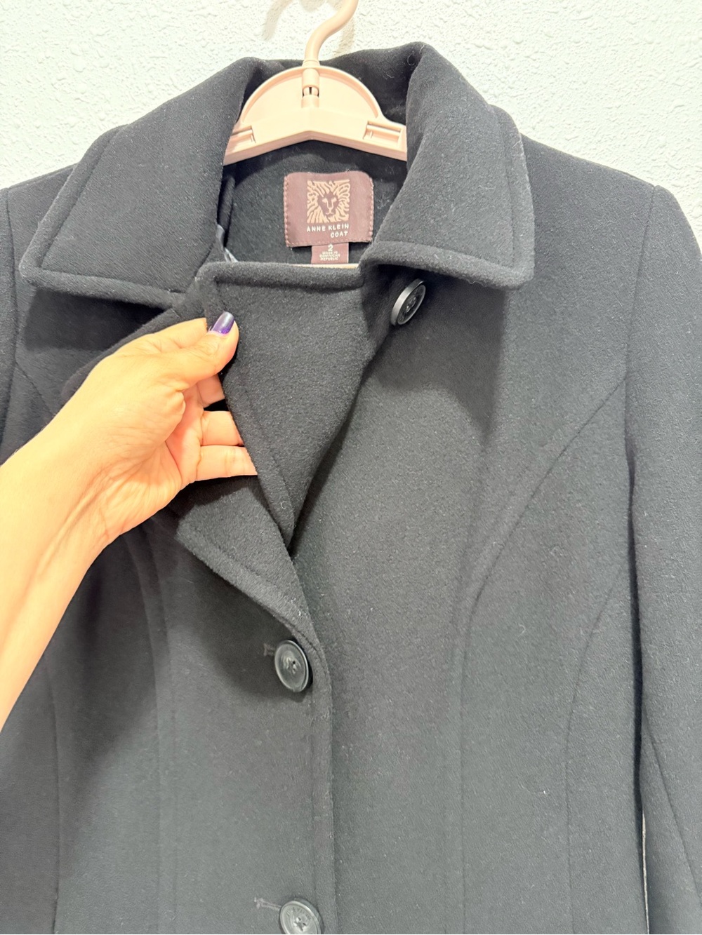 Anne Klein wool nylon cashmere blend Black Single-Breasted Pea Coat 2 - Picture 11 of 15